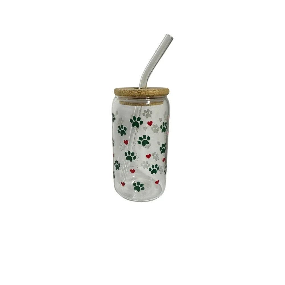 NEW custom GLASS TUMBLER‎ bamboo lid GLASS STRAW handmade paw prints hearts